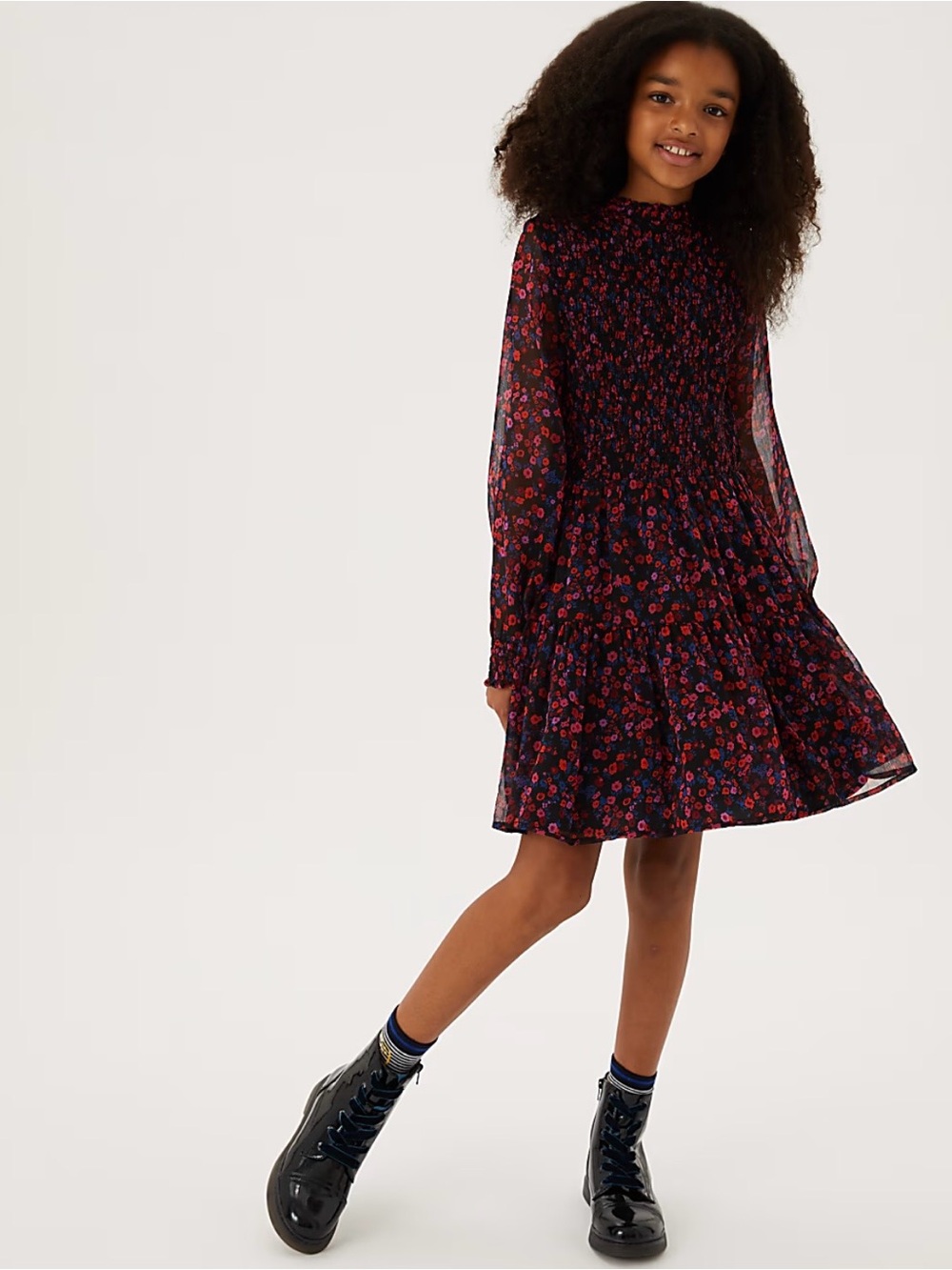 Girls Navy Floral Long Sleeve Dress